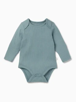 MORI Blue Ribbed Stretch Long Sleeve Envelope Neckline Bodysuit