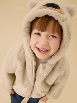 MORI Cream Bear Faux Fur Hooded Jacket