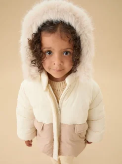MORI Cream Cosy Zip Up Coat with Detachable Hood