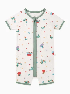MORI Cream/Green Very Hungary Caterpillar Supersoft Short Sleeve Zip Up Rompersuit