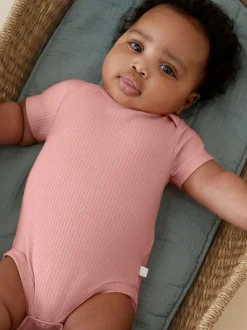 MORI Pink Ribbed Stretch Short Sleeve Bodysuit