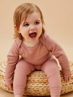 MORI Pink Ribbed Stretch Long Sleeve Envelope Neckline Bodysuit