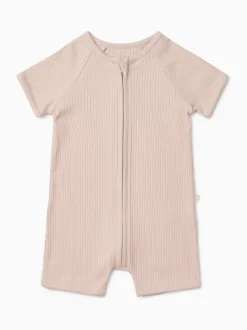 MORI Pink Ribbed Stretch Zip-Up Romper