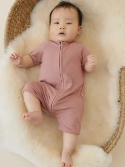 MORI Pink Ribbed Supersoft Stretch Summer Zip Up Romper