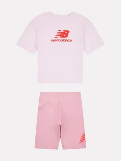 New Balance Pink Stacked Logo T-Shirt and Cycle Shorts Set