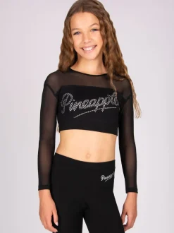 Pineapple Black Logo Mesh Panel Long Sleeve Crop Top