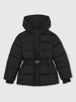 Reiss Black Ava 3-9 yrs Short Belted Puffer Coat