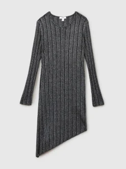 Reiss Black Jayden 9-13 yrs Metallic Ribbed Asymmetric Dress