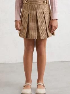 Reiss Brown Molly 9-13 yrs Puppytooth-Check Pleated Skirt