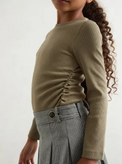 Reiss Khaki Trina 9-13 yrs Cotton Ruched Long-Sleeve T-Shirt with Stretch