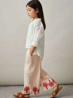 Reiss Stone Cate 9-13 yrs Cotton-Linen Palm Embroidery Trousers