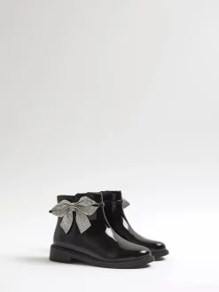 River Island Black Diamante Bow Boots