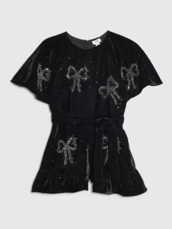 River Island Black Girls Velvet Bow Playsuit