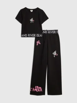 River Island Black Grafitti Waistband Crop Top & Wide Leg Joggers Set