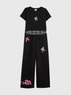 River Island Black Grafitti Waistband Crop Top & Wide Leg Joggers Set