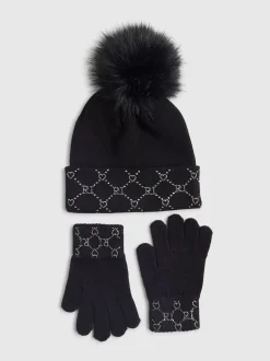 River Island Black Hotfix Beanie & Gloves Set