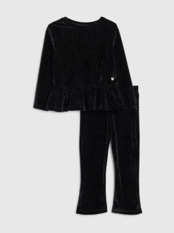 River Island Black Long Sleeve Velvet Peplum Top & Leggings Set