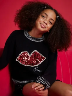 River Island Black OG Sequin Lips Christmas Jumper