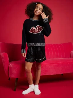 River Island Black OG Sequin Lips Christmas Jumper