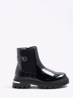 River Island Black Patent Heart Strap Chelsea Boots