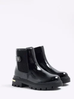 River Island Black Patent Heart Strap Chelsea Boots