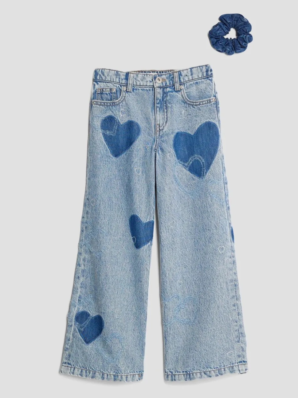 River Island Blue Girls Heart Patch Wide Leg Jeans with Scrunchie