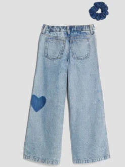 River Island Blue Girls Heart Patch Wide Leg Jeans with Scrunchie