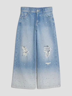 River Island Blue Girls Rip Diamante Ombre Wide Jeans