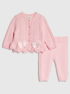 River Island Pink Peplum Knitted Bow Cardigan and Legging Set
