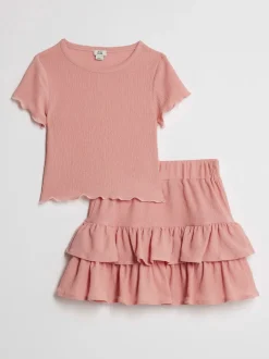 River Island Pink Textured Baby T-Shirt & Rara Skirt Set