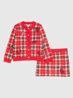 River Island Red Tartan Sequin Cardigan & Skirt Set