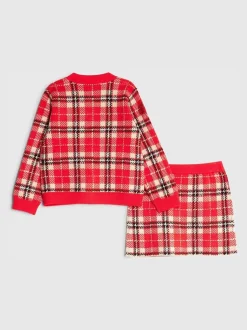 River Island Red Tartan Sequin Cardigan & Skirt Set