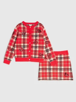 River Island Red Tartan Sequin Cardigan & Skirt Set