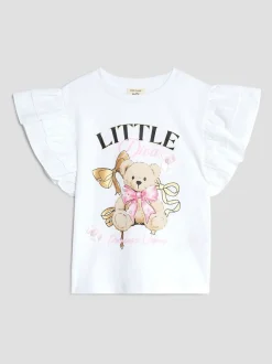 River Island White Girls Frill Sleeve Bear Print T-Shirt