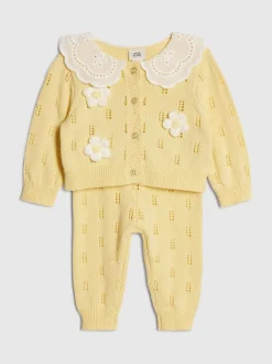 River Island Yellow Broderie Daisy Knitted Cardigan & Leggings Set