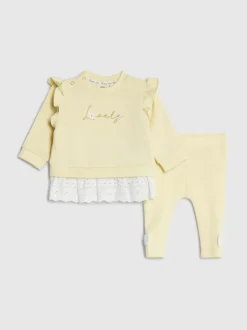River Island Yellow Broderie Frill Sweat Top & Leggings Set