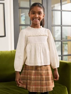 Tan Brown Pleated Check Skirt (3-16yrs)