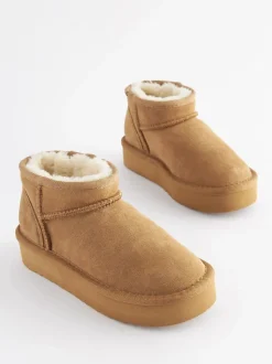 Tan Brown Wide Fit (G) Flatform Mini Warm Lined Water Repellent Suede Pull-On Boots