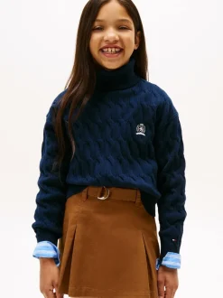 Tommy Hilfiger Blue Crest Embroidery Cable Knit Turtleneck Jumper