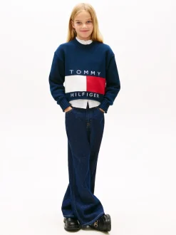 Tommy Hilfiger Blue Logo Embroidery Relaxed Crew Neck Jumper