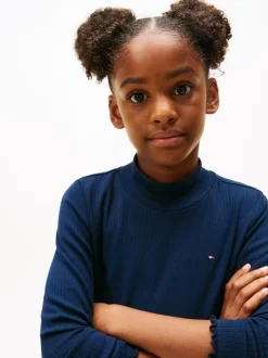 Tommy Hilfiger Blue Ribbed Extra Slim Mock Neck Top