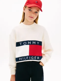 Tommy Hilfiger White Logo Embroidery Relaxed Crew Neck Jumper