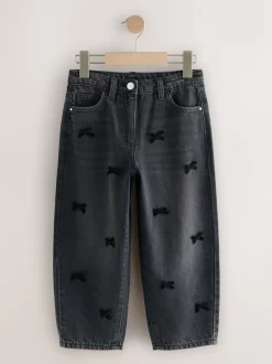 Washed Black Bow Embroidered Barrel Jeans (3-16yrs)