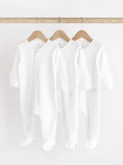 White Essential Zipped 100% Cotton Baby Sleepsuits 3 Pack (0-3yrs)