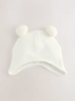 White Knitted Double Pom Baby Trapper Hat