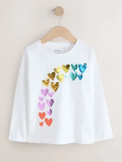 White Rainbow Hearts Long Sleeve Sequin Top (3-16yrs)