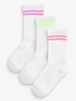 White with fluorescent stripe 3 Pack Cotton Rich Cushioned Sole Ankle Socks