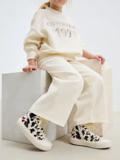 White/Brown Cow Printed Standard Fit (F) Lace Up High Top Trainers