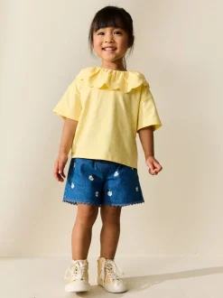 Yellow Short Sleeve Broderie Collar Top (3mths-7yrs)