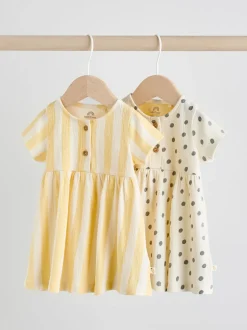 Yellow/Cream Spot/Stripe Baby Short Sleeve Dress 2 Pack (0mths-3yrs)